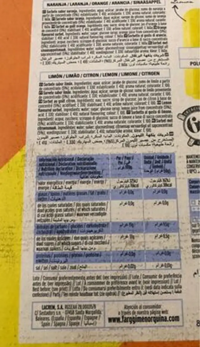 Polo limon +naranja nutrition facts table