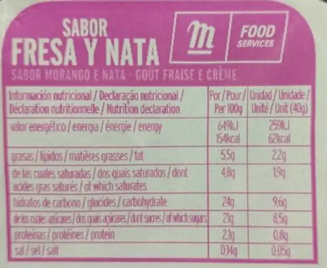 Helado sabor fresa y nata nutrition facts table