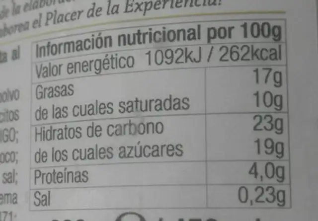 Vainilla cookies nutrition facts table