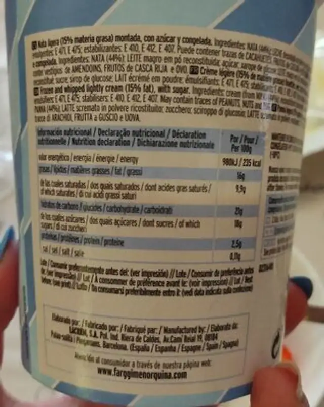 Nata montada nutrition facts table