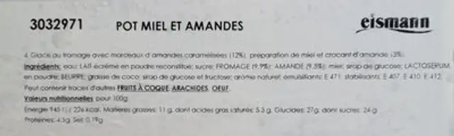 Glace pot miel et amandes nutrition facts table