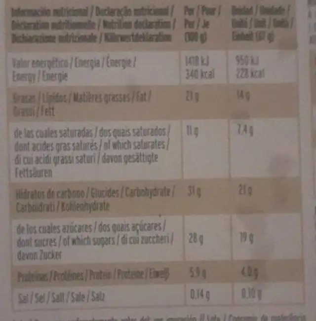 Almendrado nutrition facts table