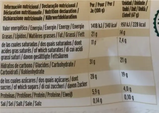 Almendrado nutrition facts table
