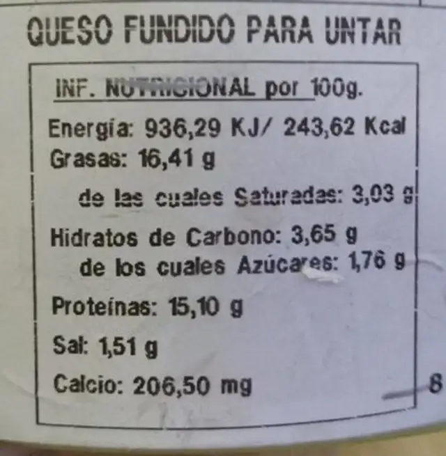 Crema de Queso nutrition facts table