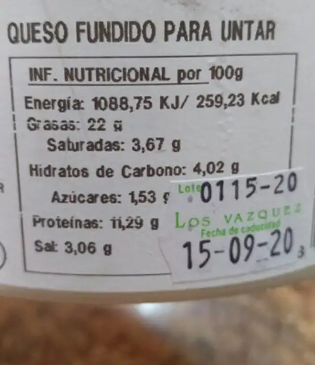 Crema de Queso nutrition facts table