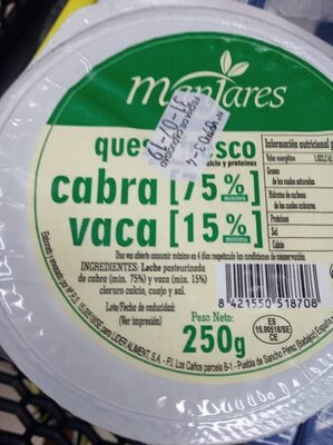Queso fresco cabra (75%) y vaca (15%) ingredients label