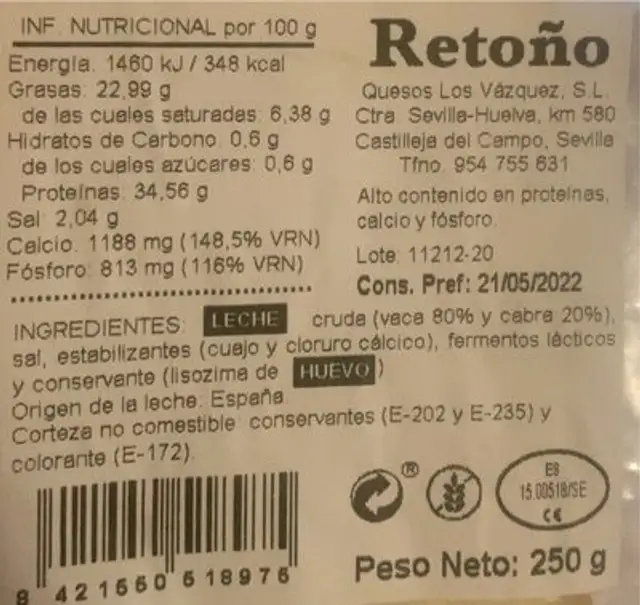 Retoño nutrition facts table