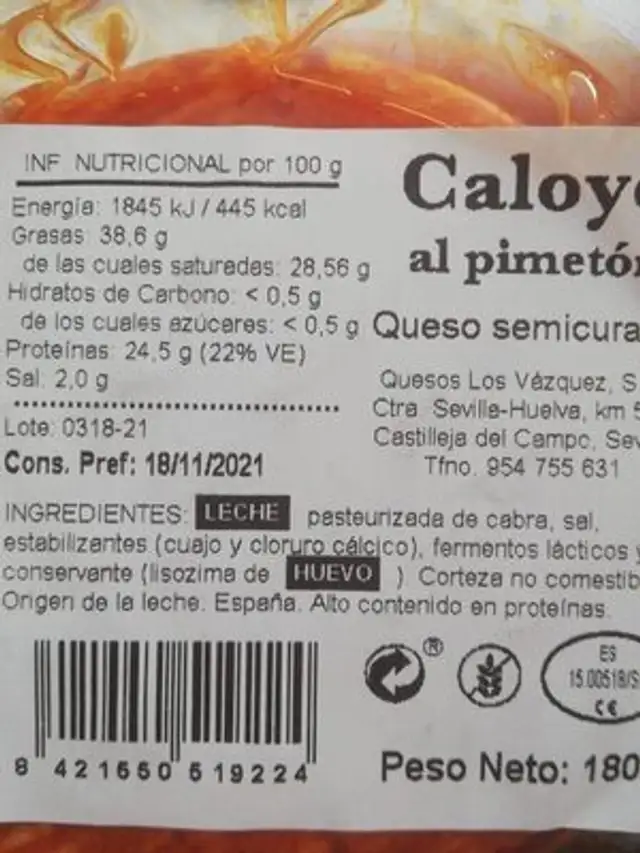 Caloyo al pimentón nutrition facts table
