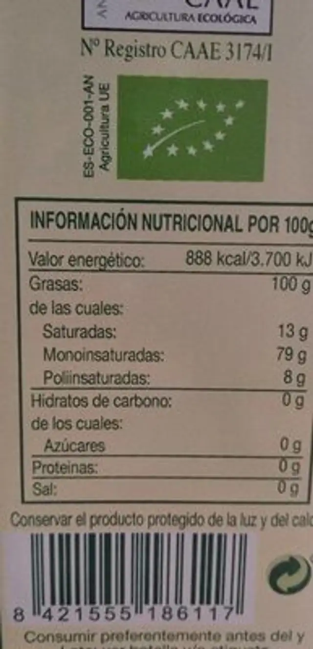 Aceite de oliva virgen extra nutrition facts table