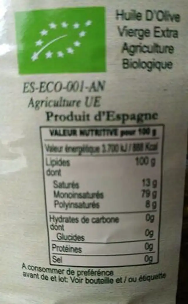 Huile d'olive vierge extra bio nutrition facts table