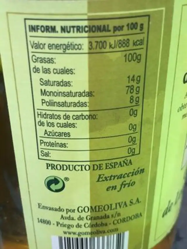 Aceite de oliva nutrition facts table