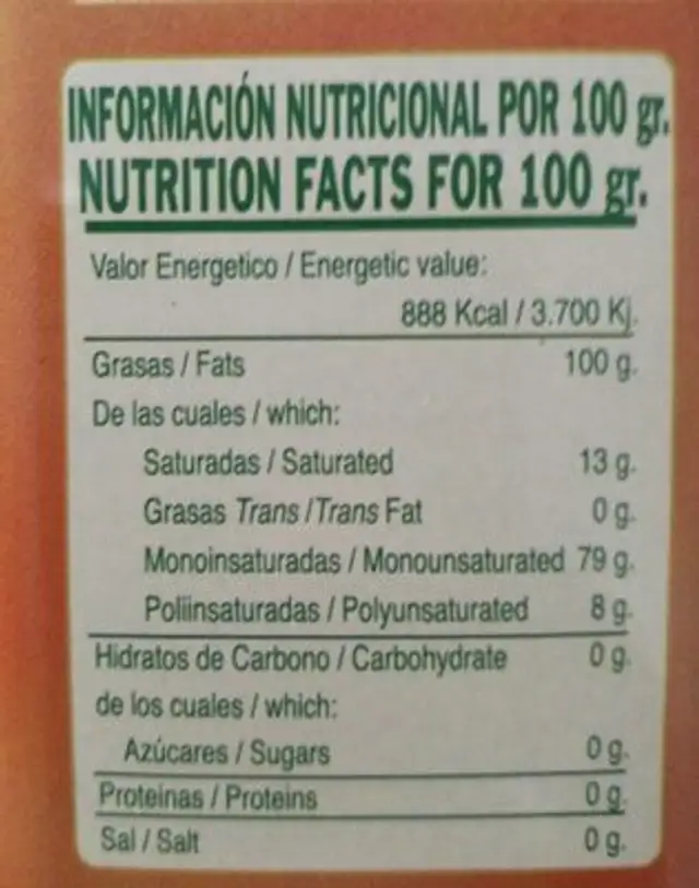 Aceite Oliva Virgen Extra nutrition facts table