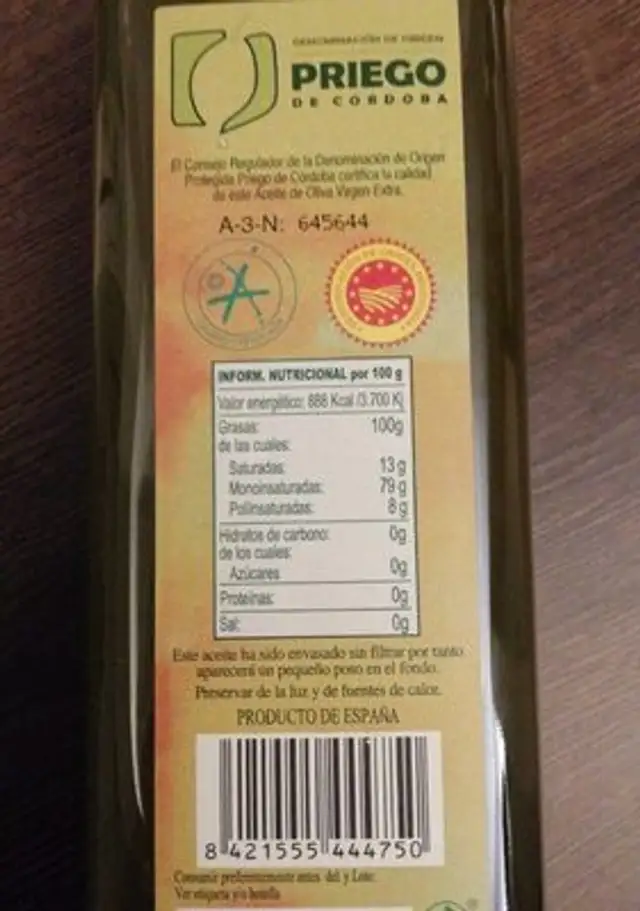 Aceite de Oliva nutrition facts table