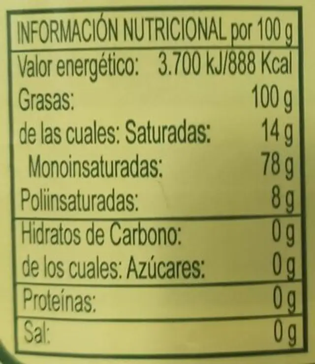 Aceite de oliva virgen extra nutrition facts table