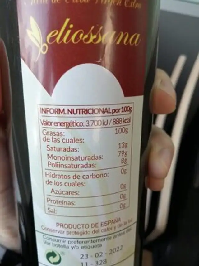 Aceite de oliva virgen extra nutrition facts table