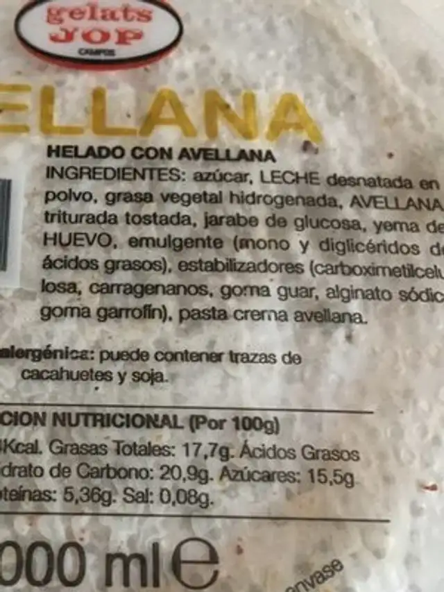 Helados Jop nutrition facts table