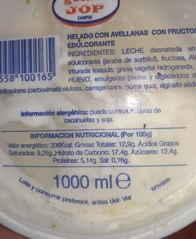 Helado Avellana nutrition facts table