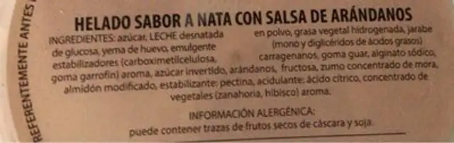 Helado sabor a nata con salsa de arándanos nutrition facts table