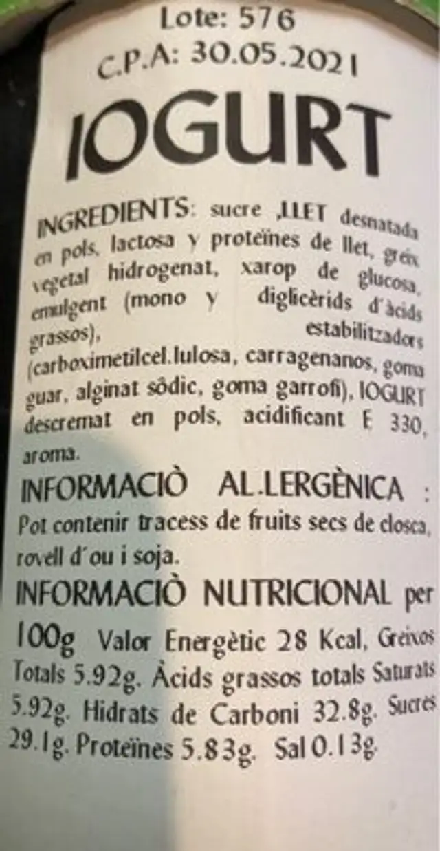 Gelat de iogurt nutrition facts table