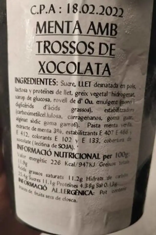 Helado de menta-chocolate nutrition facts table