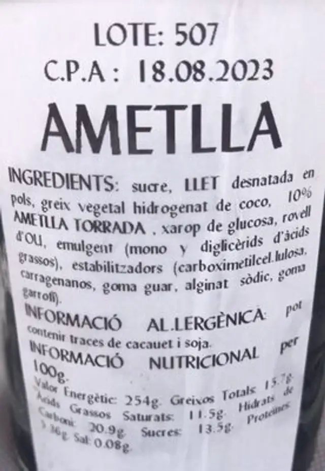 Gelat d’Ametlla nutrition facts table