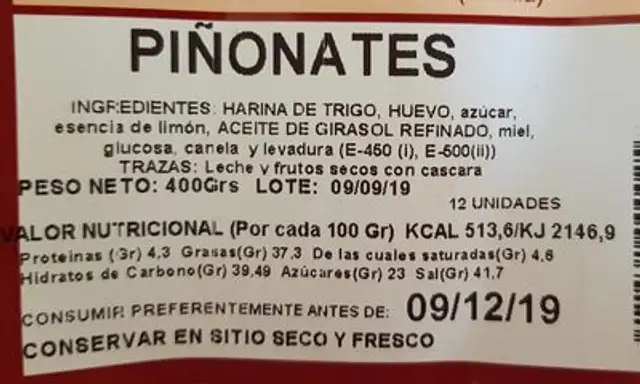 Piñonates nutrition facts table