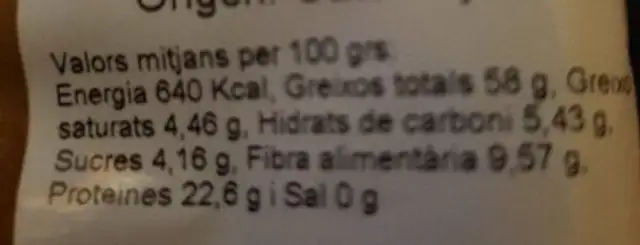 Almendra tostada sin sal ingredients label