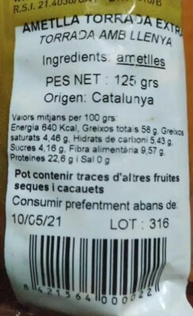 Almendra tostada sin sal nutrition facts table