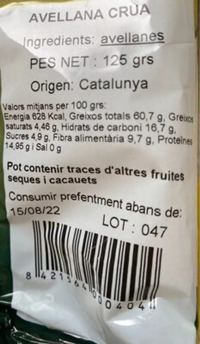 Avellana crua nutrition facts table