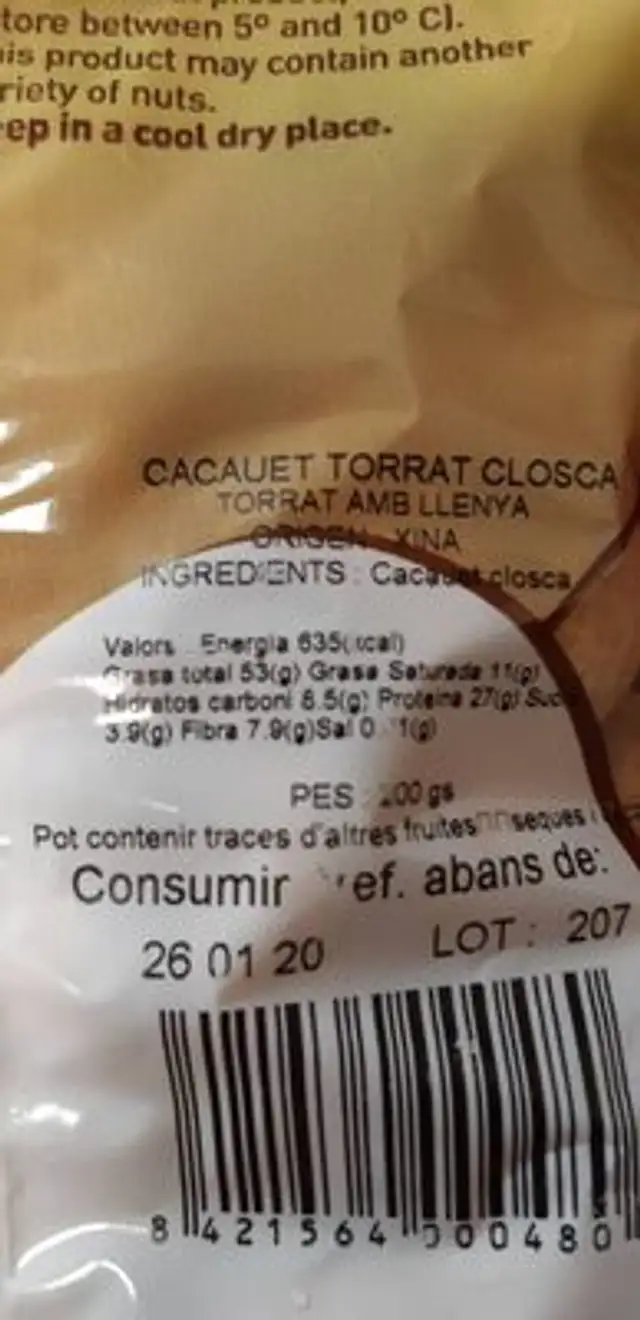 Cacahuetes nutrition facts table