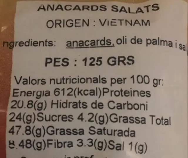 Anacards salats nutrition facts table