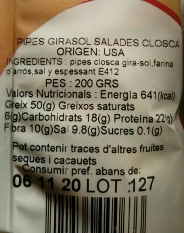 Pipas Girasol Saladas nutrition facts table