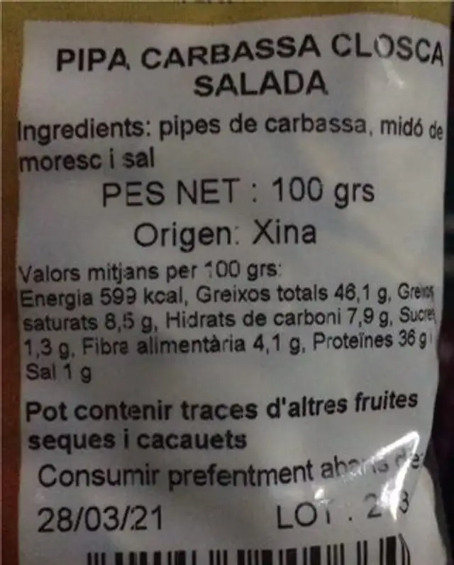 Pipa Carbassa Closca Salada nutrition facts table