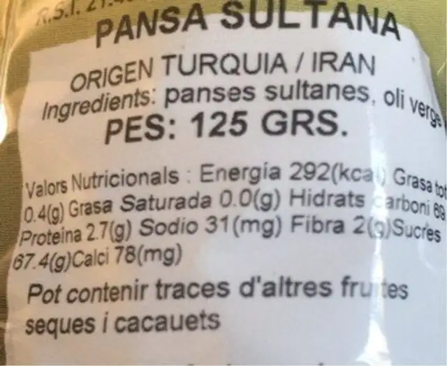 Pasas uva nutrition facts table