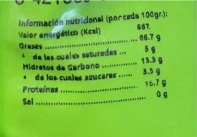 Nuez pelada nutrition facts table