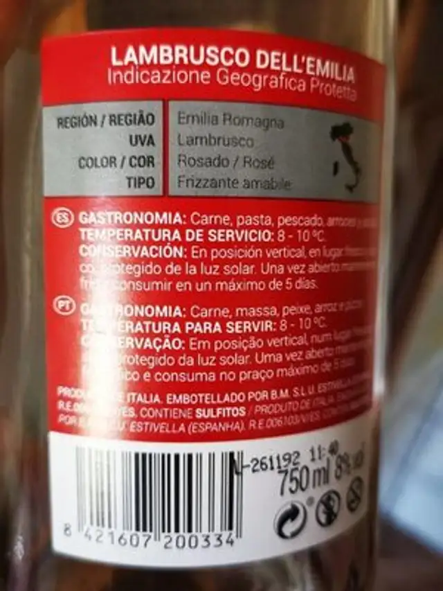 Lambrusco Dell' Emilia nutrition facts table