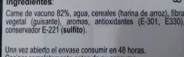 Burger meat Vacuno ingredients label