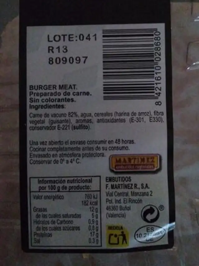 Burger meat Vacuno nutrition facts table