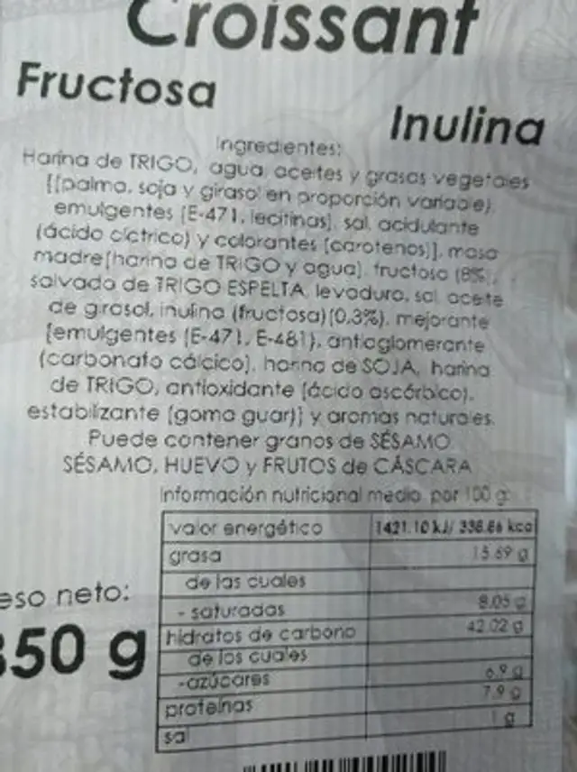 Croissant nutrition facts table