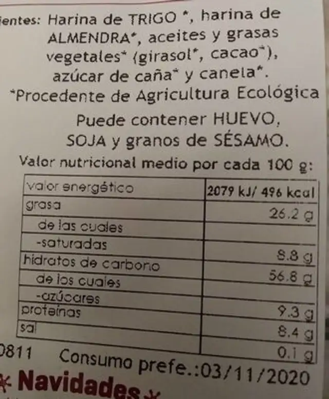 Polvorón Ecologico nutrition facts table