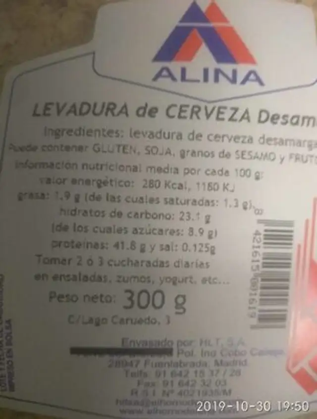 Levadura de cerveza desamargada nutrition facts table