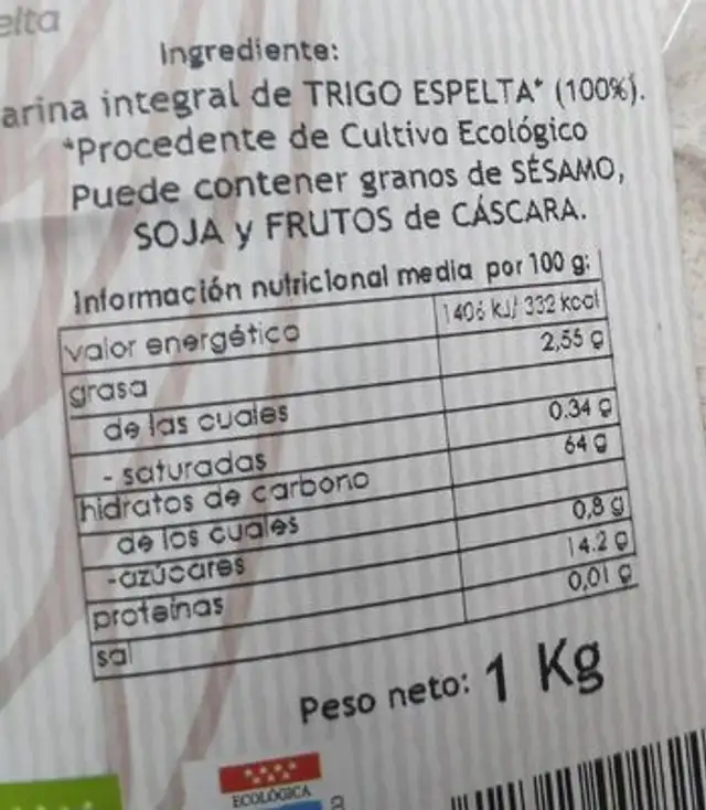 Harina integral trigo de espelta nutrition facts table