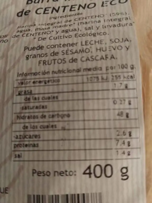 Barra integral de centeno nutrition facts table