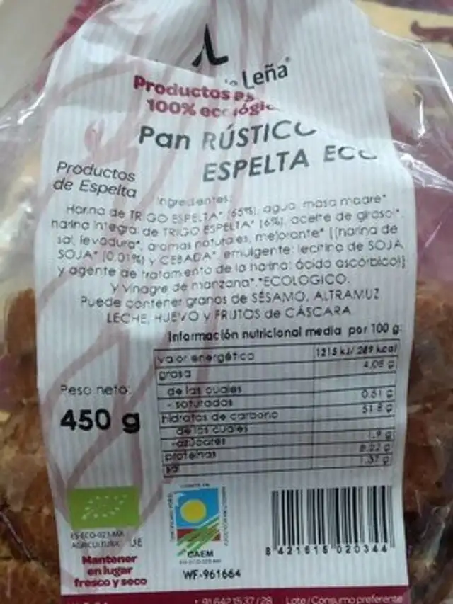 Pan rustico de espelta eco nutrition facts table
