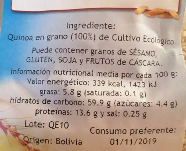 Quinoa en Grano nutrition facts table