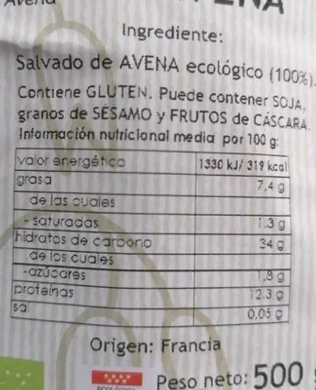 Salvado de avena nutrition facts table