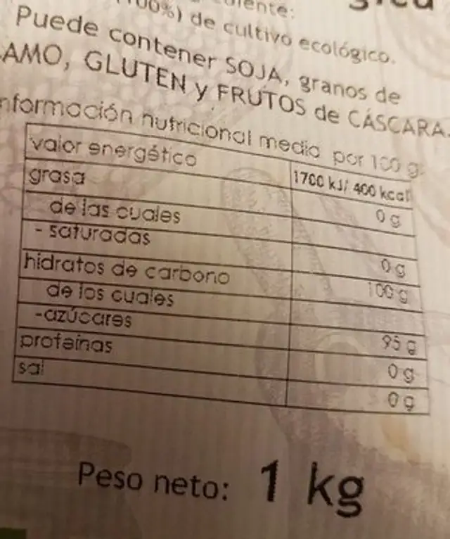 Panela ecológica nutrition facts table