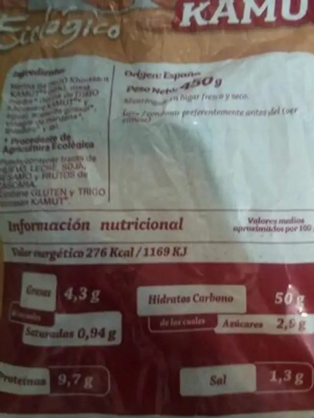 Pan rústico de trigo khorasan kamut nutrition facts table