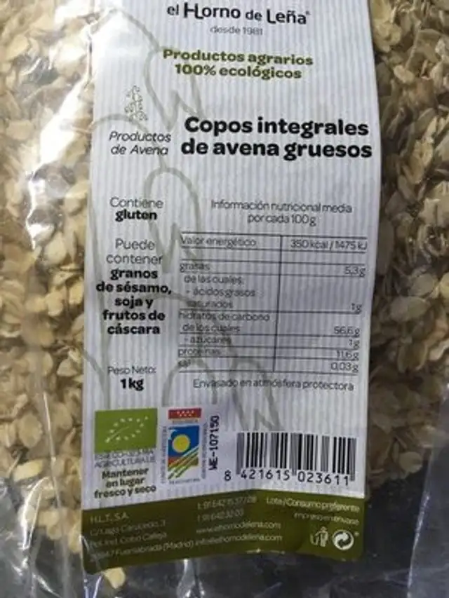 Copos integrales de avena gruesos ingredients label