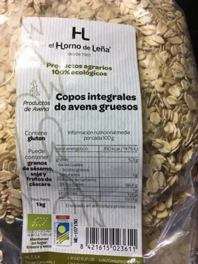Copos integrales de avena gruesos nutrition facts table